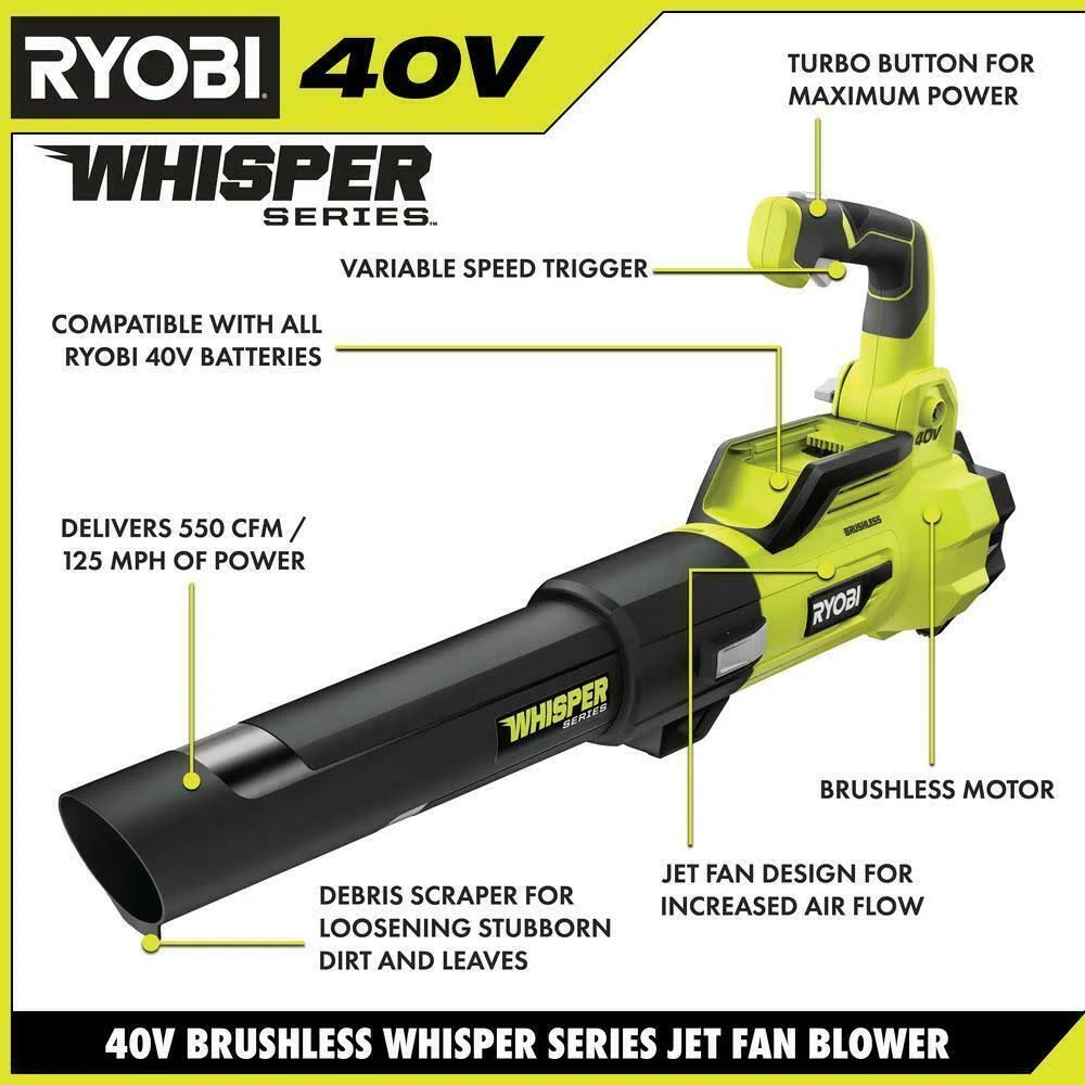 Ryobi 40V Brushless 125 MPH 550 CFM Cordless Battery Whisper Series Jet Fan Blower, RY40470VNM