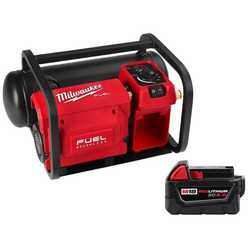 Milwaukee M18 Fuel 18-Volt 2 gal. 135 PSI Lithium-Ion Brushless Cordless Electric Compact Air Compressor with Free 5.0 Ah Battery 2840-20-48-11-1850