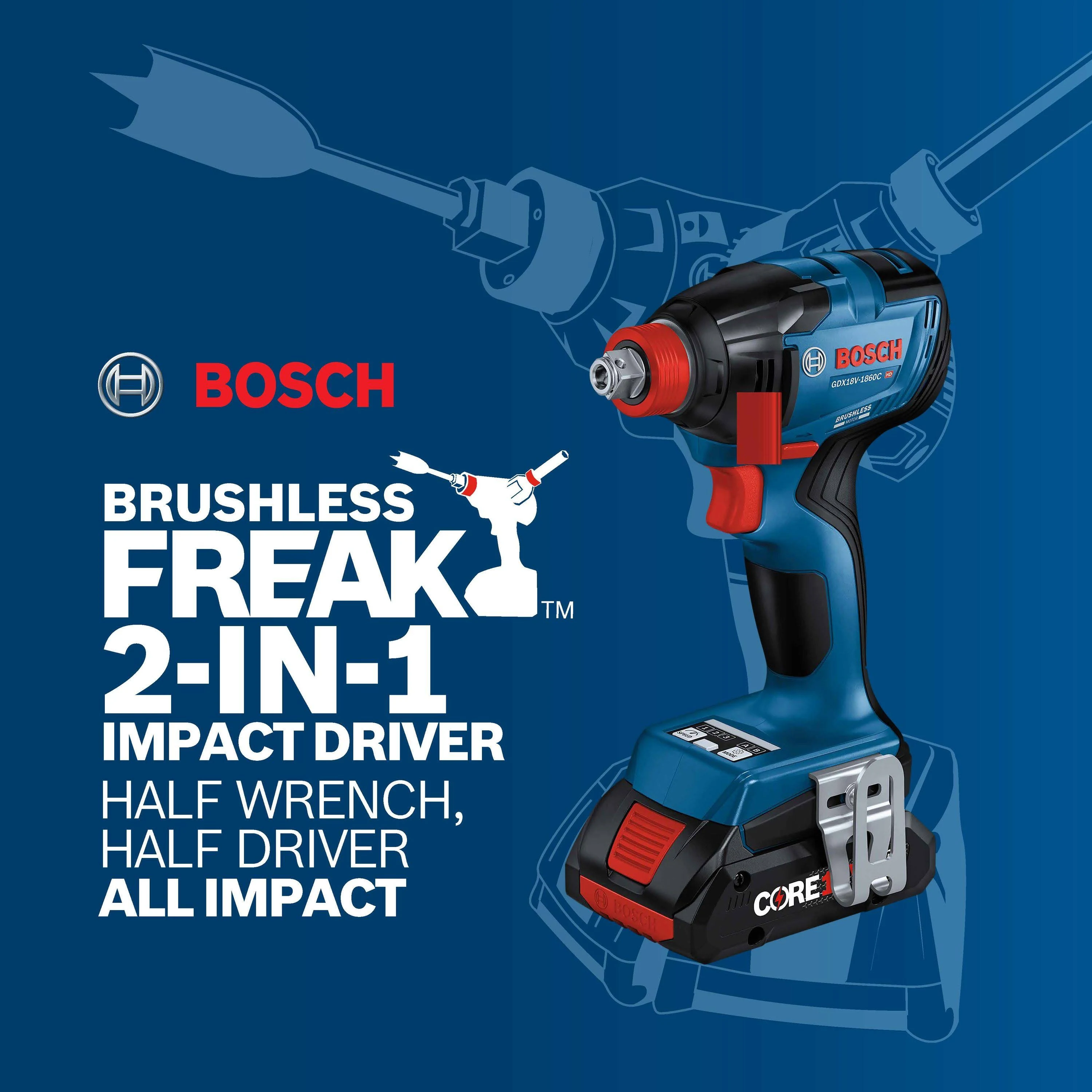 Bosch GDX18V-1800B12 18V EC Brushless 1/4 in. and 1/2 in. Two-in-One Bit/Socket Impact Driver Kit with 2.0 Ah Slimpack Battery