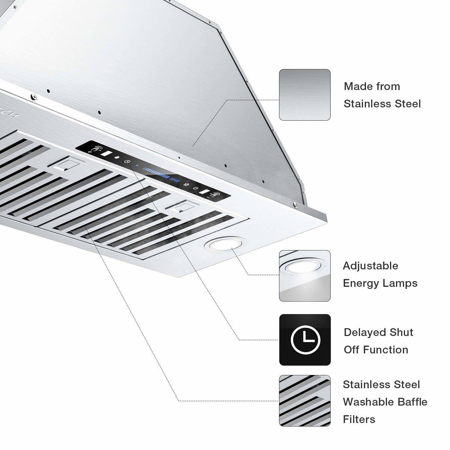 IKTCH Convertible Range Hood 36∪ Built in Insert 900 CFM Ducted Ductless Lights