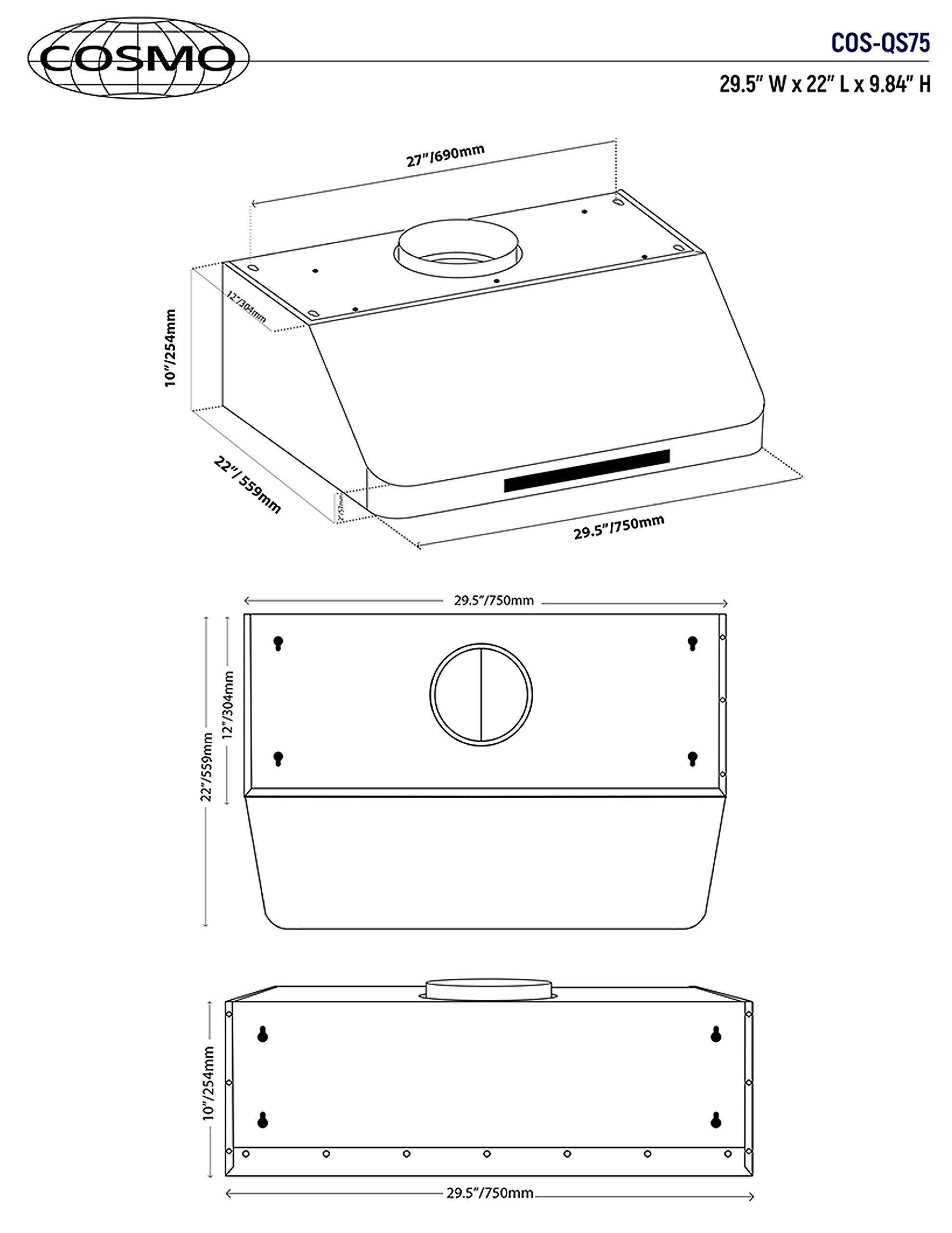 Cosmo COS-QS75 30 in. 500 CFM Ducted Under Cabinet Range Hood in Stainless Steel