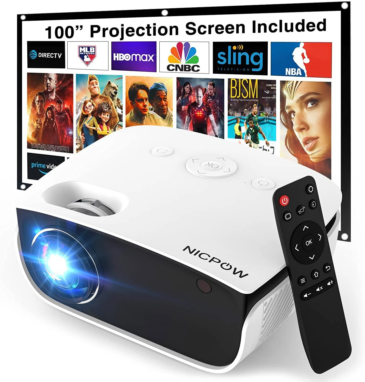 Outdoor Projector, Mini Projector with 100″ Screen, 1080p and 240″ White