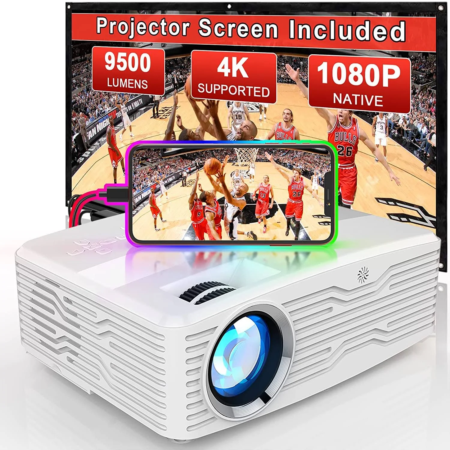 Native 1080p 5G Projector [With 100″ Projector Screen], 8500Lumens 300” Display Outdoor Projector, 350 ANSI, 4K Supported, Home Projector for iOS