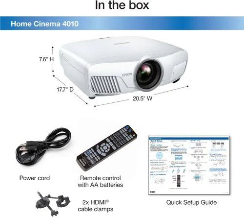 Epson Home Cinema 4010  C 3LCD projector  C 3D  C 2400 lumens (white)  C 2400 lumens (color)  C 3840 x 2160 (2 x 1920 x 1080)  C 16:9  C 4K  C LAN  C white  C with 2 years Epson Extra Care Home Service